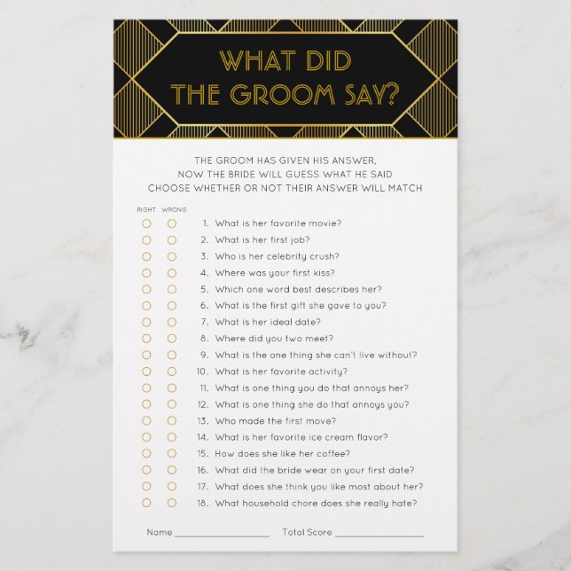 Gold & Black Art Deco Vintage Bridal Shower Game (Front)
