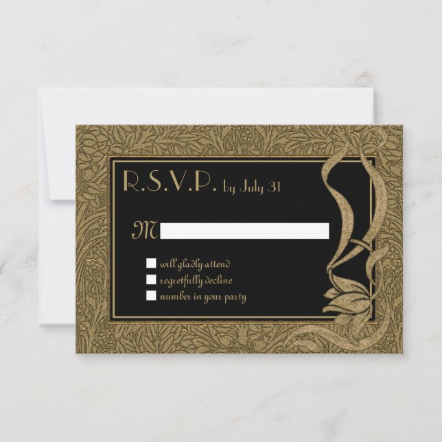 Gold Black Art Nouveau Elegant Unique Wedding RSVP Card (Front)