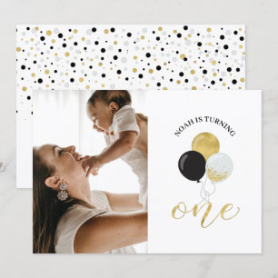 Gold & Black Balloons   Boy 1st Birthday Party Invitation