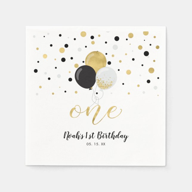 Gold & Black Balloons, Confetti Boy 1st Birthday Napkin (Front)