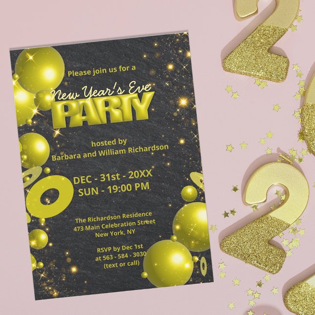 Gold Black Balloons Confetti New Year's Eve Party Invitation (Creator Uploaded)
