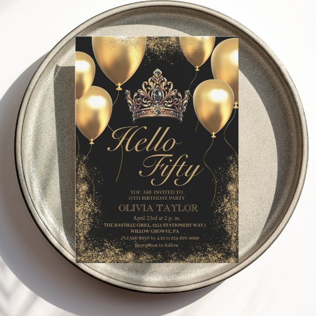 Gold Black Balloons Crown 50th Birtgday Invitation (Creator Uploaded)