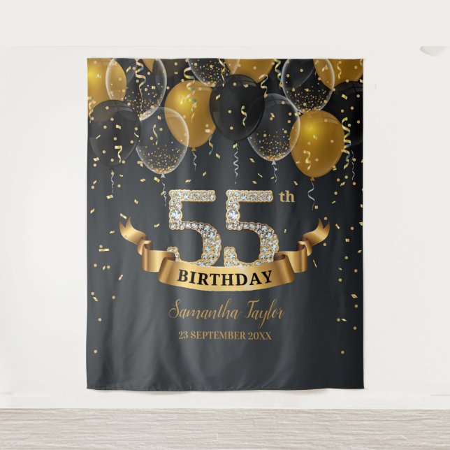 Gold black balloons diamond 55th birthday party tapestry (Front)