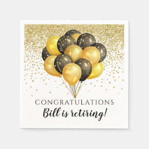 Gold Black Balloons Gold Glitter Retirement Party Napkin