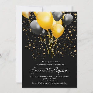 Gold & Black Balloons Gold Star Confetti Birthday Invitation