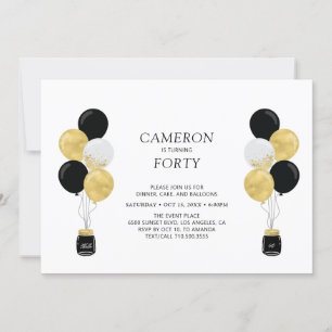 Gold & Black Balloons Modern Adult Birthday Party Invitation