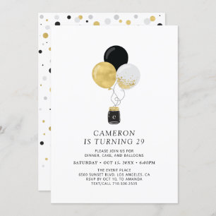 Gold & Black Balloons Modern Adult Birthday Party Invitation
