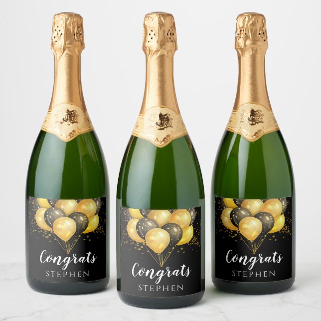Gold Black Balloons  Sparkling Wine Label (Bottles)