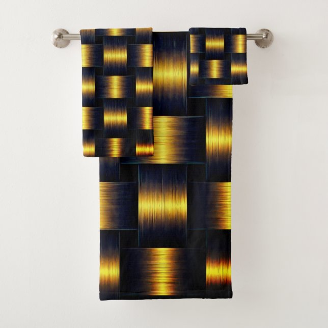 Gold Black Bath Towel Set Golden Lattice Design (Insitu)