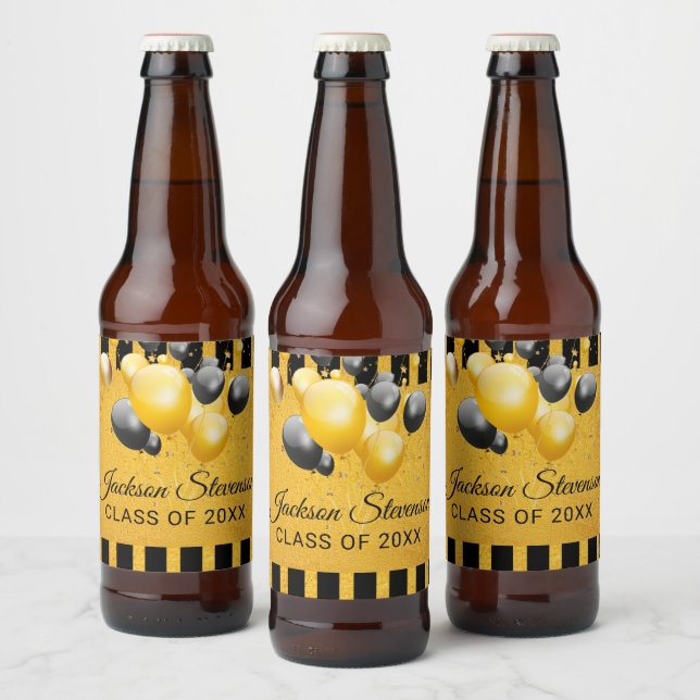 Gold Black Black Stripes Graduation Party Beer Bot Bottle Label (Bottles)