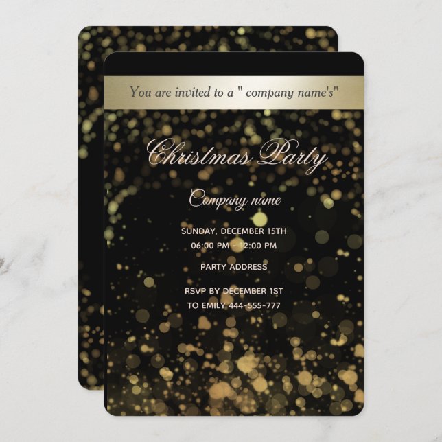 Gold/black bokeh luxury corporate Christmas party Invitation (Front/Back)