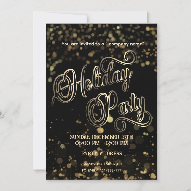 Gold/black bokeh luxury corporate Holiday party Invitation (Front)