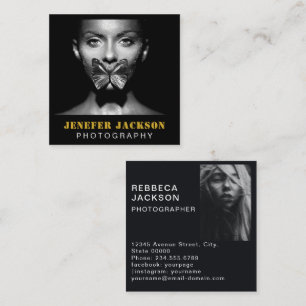 Gold Black Bold Script 2 Photo Minimal QR Code  Square Business Card