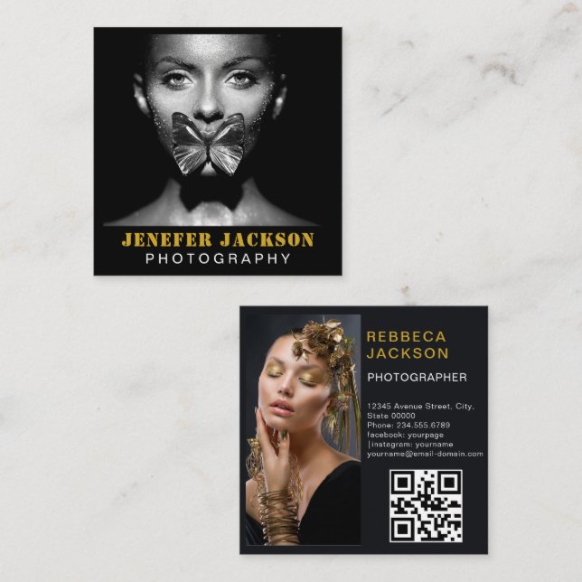 Gold Black Bold Script 2 Photo Minimal QR Code  Square Business Card (Front/Back)