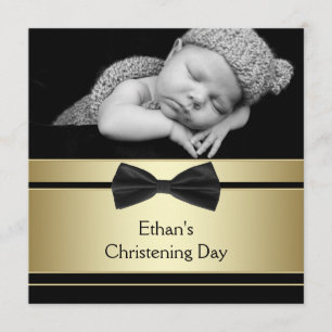 Gold Black Bow Tie Baby Boy Photo Christening Invitation