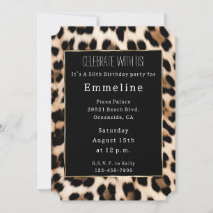 Gold Black Brown Cream Leopard 50th Birthday Invitation