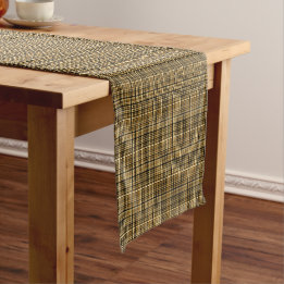 Gold black brown plaid short table runner