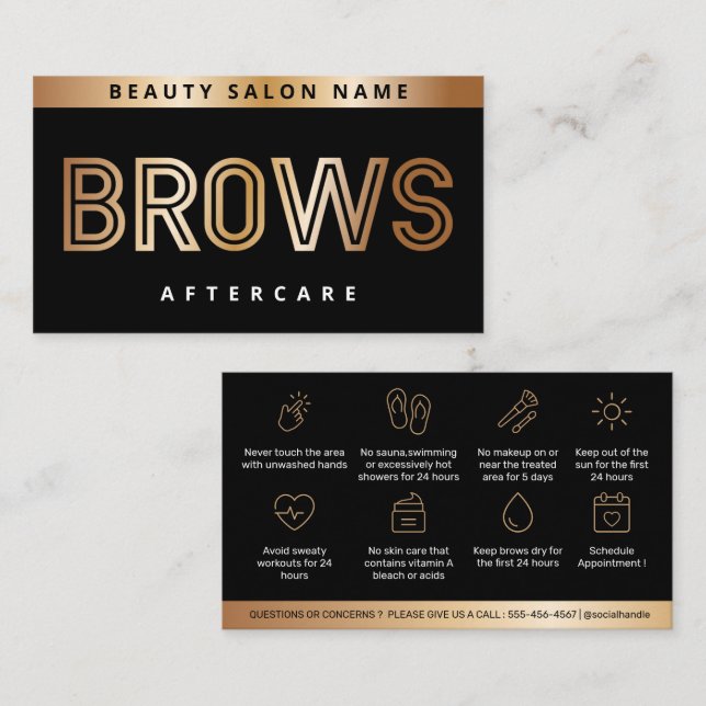 Gold Black Brows Aftercare PMU Brow Instructions Business Card (Front/Back)