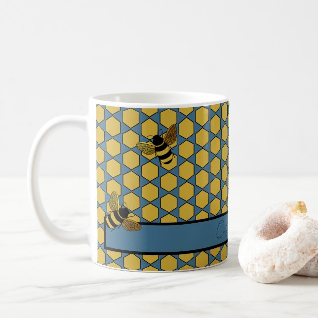 GOLD BLACK BUMBLE BEES ON BLUE HONEYCOMB PATTERN  COFFEE MUG (With Donut)