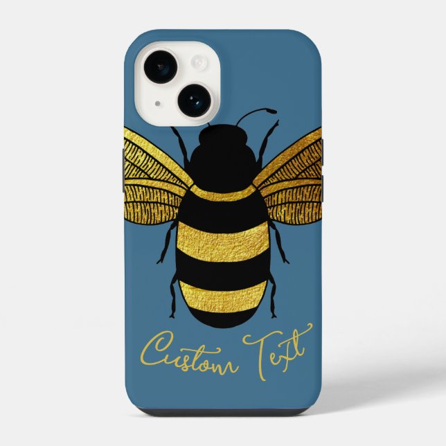 GOLD BLACK BUMBLEBEE SCRIPT TEXT BEE DENIM BLUE iPhone CASE (Back)