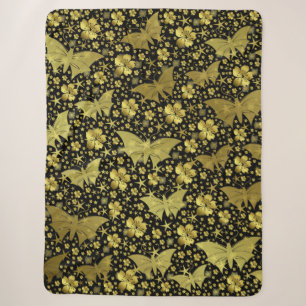 gold,black,butterflies, flowers, floral, pattern, sherpa blanket