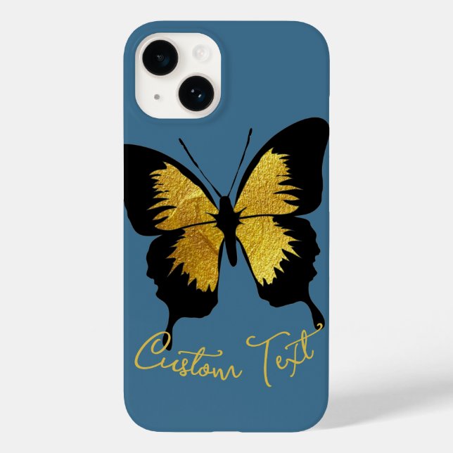 GOLD BLACK BUTTERFLY CUSTOM SCRIPT TEXT DENIM BLUE Case-Mate iPhone CASE (Back)