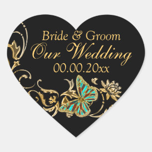 Gold black butterfly wedding engagement heart sticker