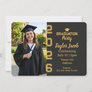 Gold Black Cap Year Picture Graduation Invitation