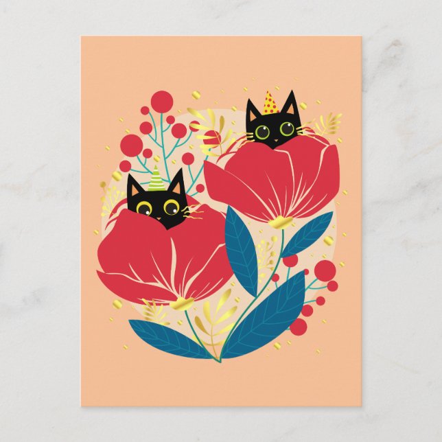 Gold Black Cat Garden Flowers Holiday Postcard (Front)