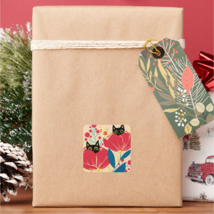 Gold Black Cat Garden Flowers Square Sticker