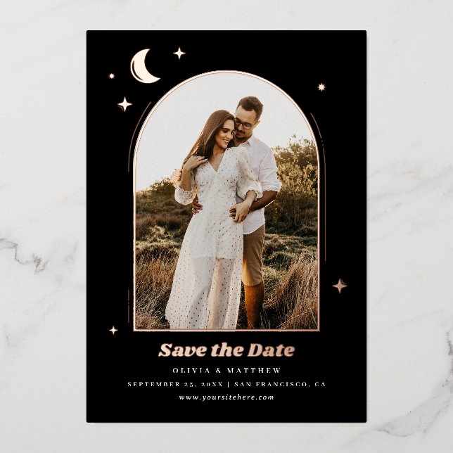 Gold Black Celestial Save the Date | Moon Photo (Front)