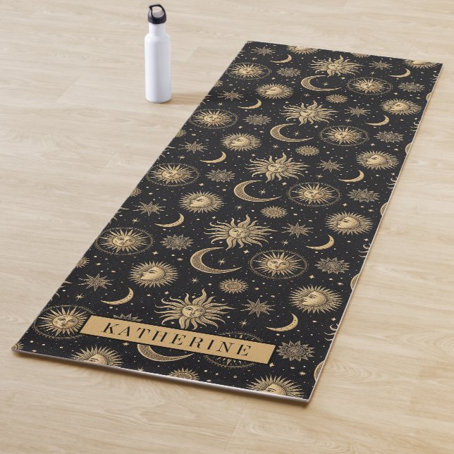 Gold Black Celestial Sun Moon Star Exercise Yoga Mat (In Situ)