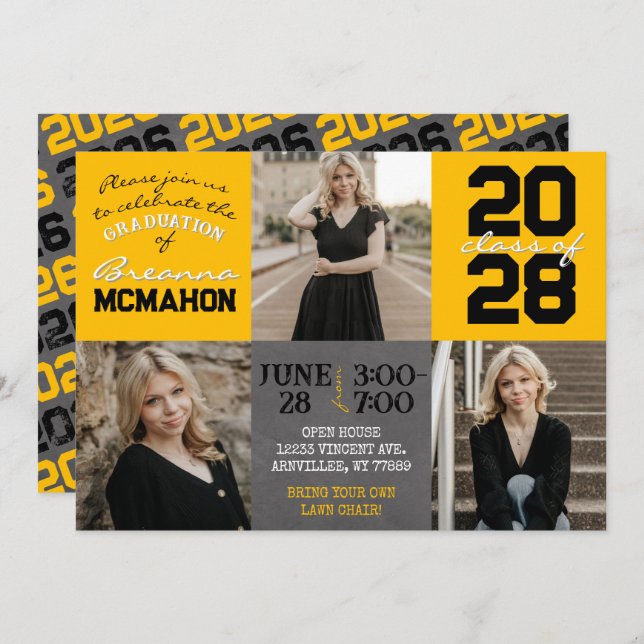 Gold & Black Chalkboard 3 Photo Graduation Invitation (Front/Back)