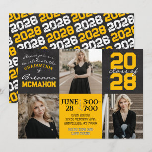Gold & Black Chalkboard 3 Photo Graduation Invitation