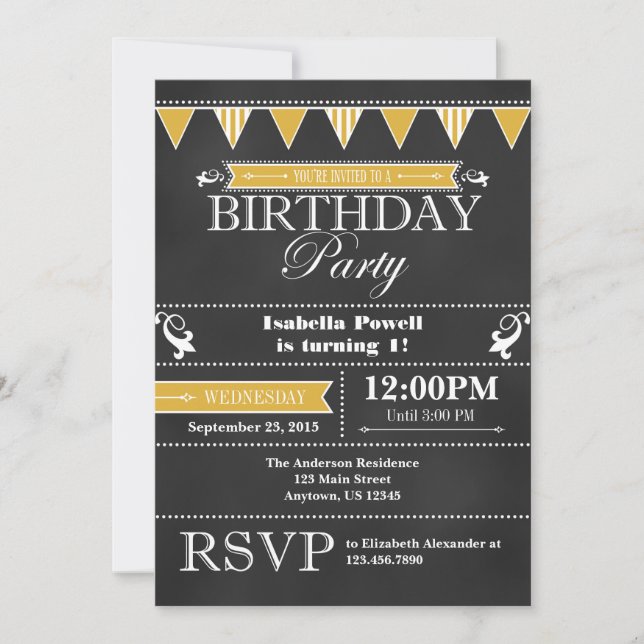 Gold Black Chalkboard Birthday Invitation (Front)