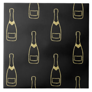 Gold Black Champagne Bottles Ceramic Tile