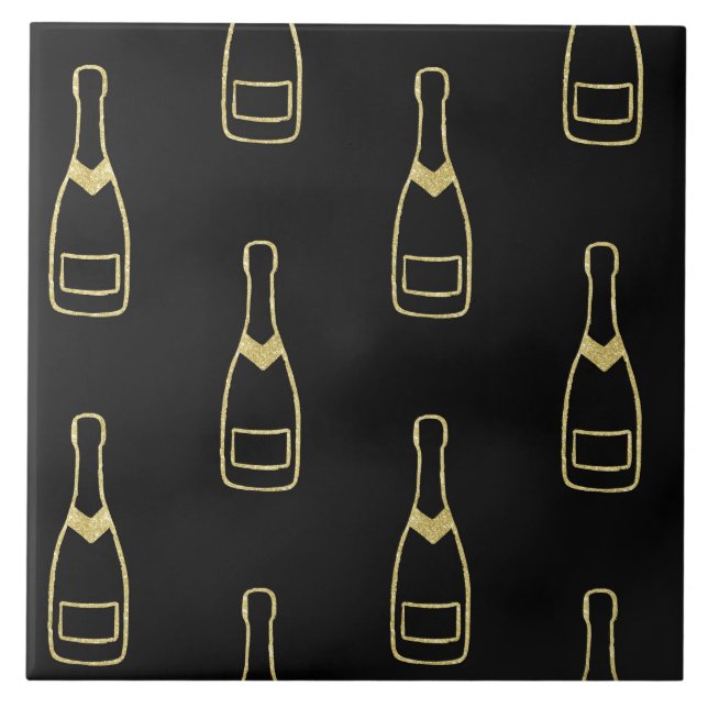 Gold Black Champagne Bottles Ceramic Tile (Front)