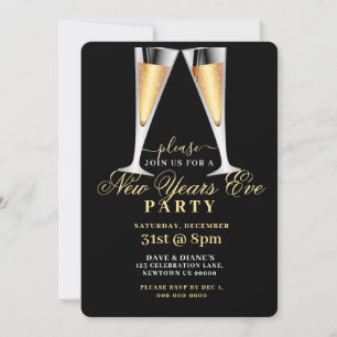 GOLD & BLACK, CHAMPAGNE FLUTES, NEW YEARS PARTY INVITATION