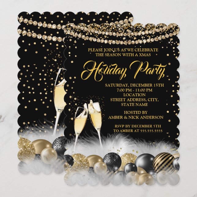 Gold Black Champagne Holiday Christmas Party 2 Invitation (Front/Back)