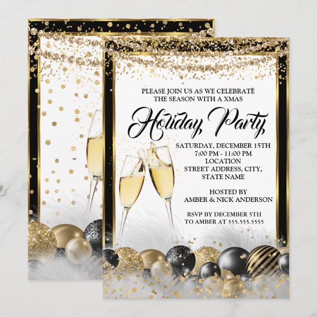 Gold Black Champagne Holiday Christmas Party Invitation (Front/Back)