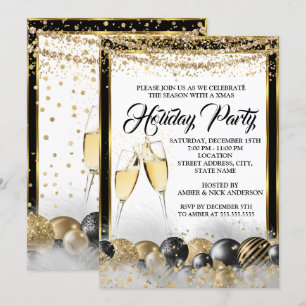 Gold Black Champagne Holiday Christmas Party Invitation
