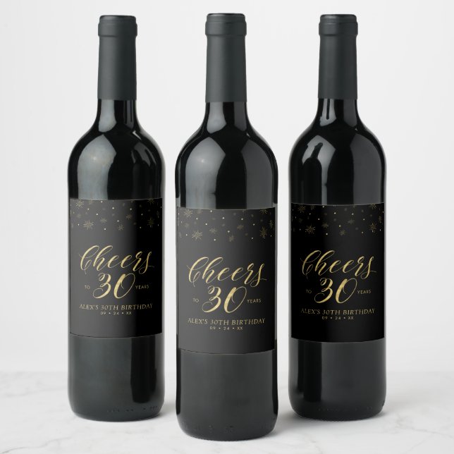 Gold & Black Cheers 30 years, 30th Birthday Party Wine Label (Bottles)