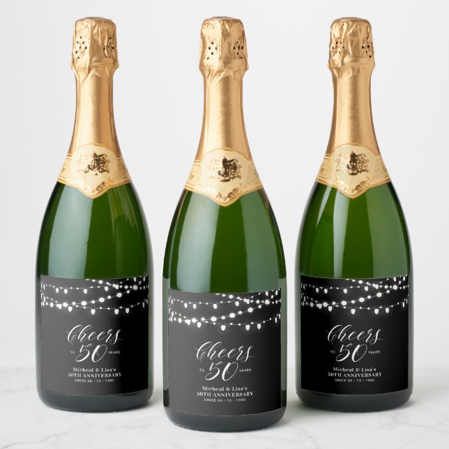Gold & Black Cheers 50th Anniversary Favour Champa Sparkling Wine Label (Bottles)