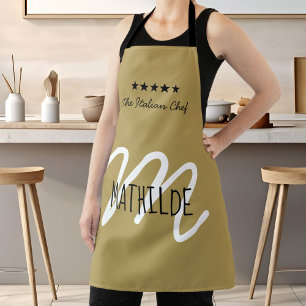 Gold Black Chef Monogram Modern Name Apron