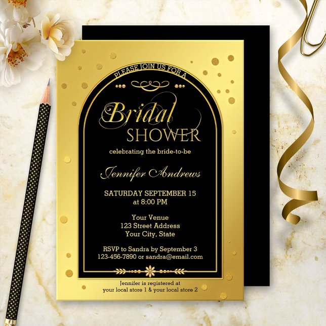 Gold Black Chic Confetti Bridal Shower Invitation (A bridal shower invitation in black and gold with sparkling confetti. )