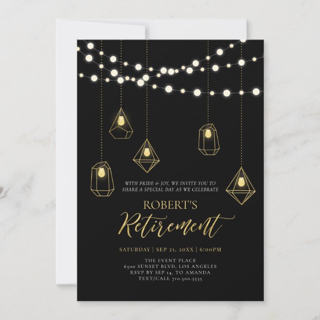 Gold & Black Chic String Lights Retirement Party Invitation (Front)