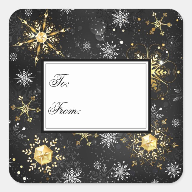 Gold Black Christmas Snowflakes Xmas Holiday Square Sticker (Front)