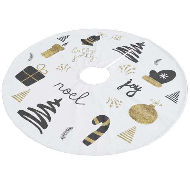 Gold black Christmas tree accessory mittens Fleece Tree Skirt (Angled)