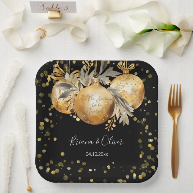 Gold Black Christmas Wedding Paper Plate (Wedding)