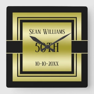Gold & Black Class Men's 50th Birthday Square Wall Clock